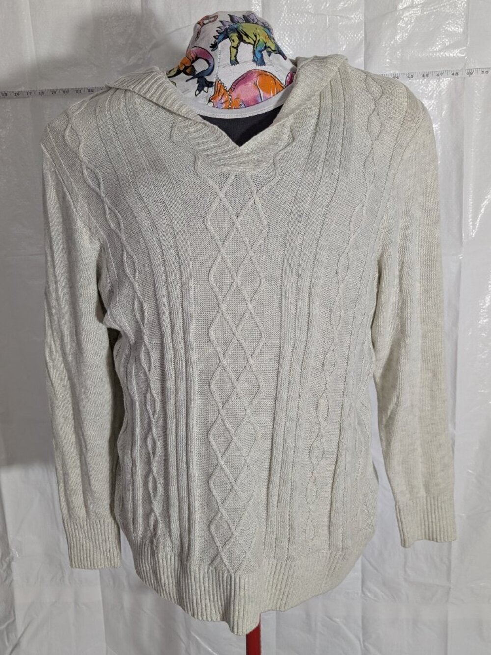Market & Spruce Women's 2X Cable Knit Hooded Sweater Cream Long Sleeve Pullover